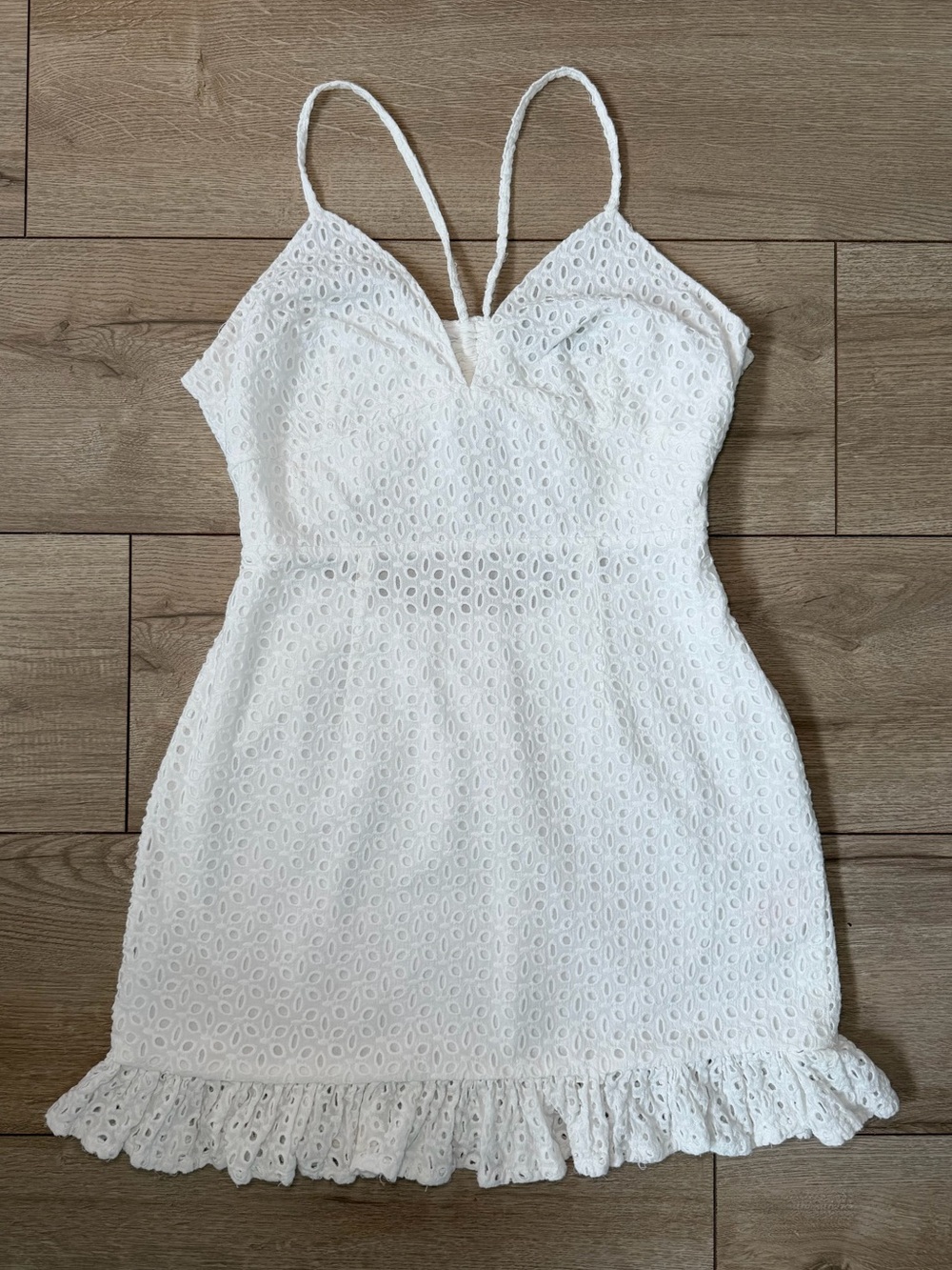 MINKPINK White Eyelet Spaghetti Strap Mini Dress with Ruffle Hem